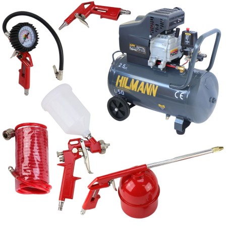 Pachet compresor de aer 50l 1.8kW 220V si set de 5 scule pneumatice
